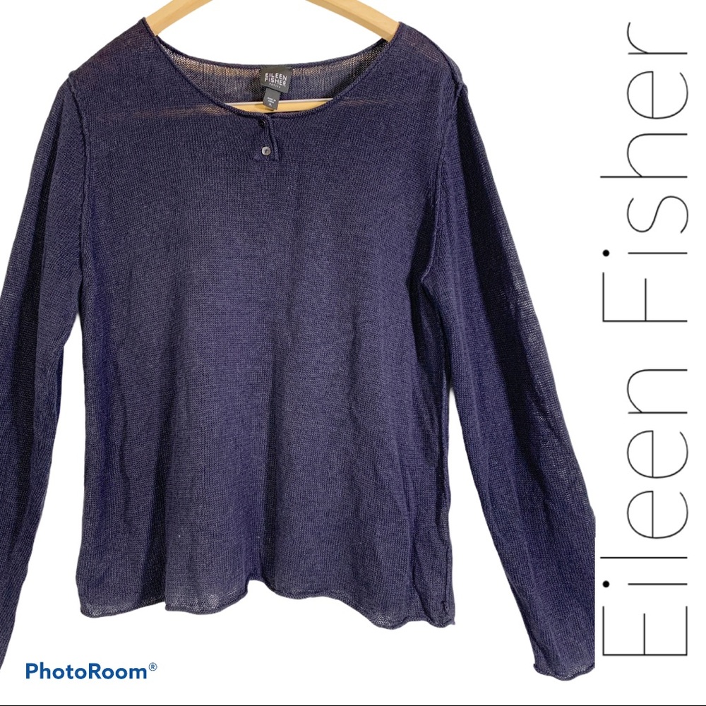 Eileen Fisher L linen open knit sweater navy